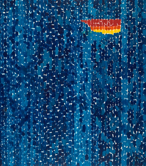 Abstract painting composed of small vertical dabs of multiple shades of blue with a small area of similar strokes of red, orange, and yellow in the upper right.