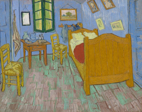 Painting of bedroom, blue walls, green window, tan bed, red bedding.