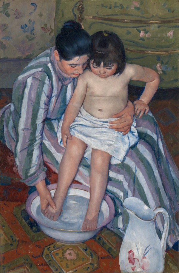 Painting of mother in blue, purple, and green-stripped dress washing child's feet.