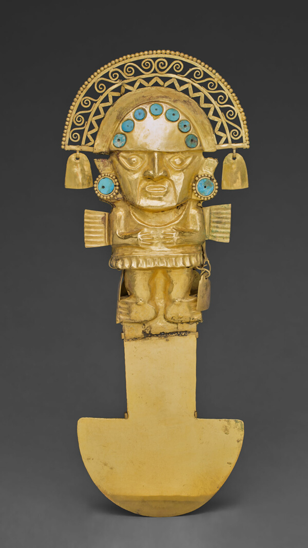 Gold knife with figure on handle, round turquoise inlays on crown.