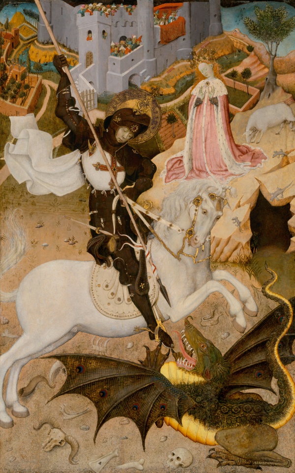 St. George on white horse, piercing green, gold dragon