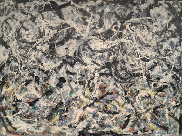Abstract painting, black background covered with flicks and smudges of white and other colors.