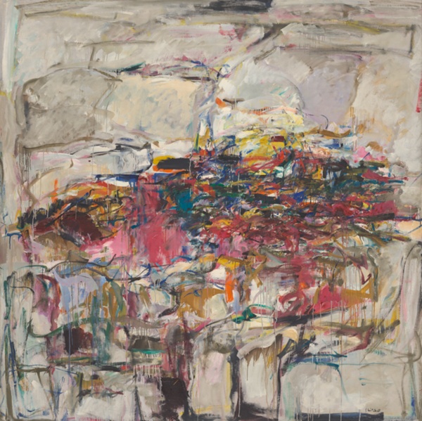 Abstract painting composed of a central tangle of vibrant colors—purple, pink, orange, green, red—on a mostly gray background, subtly divided into rectangular areas.