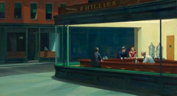 Scene in a diner, viewed through wrap-around glass windows, at night on an empty urban street. A light-skinned man and woman, he in a suit and she in a red dress, sit together at a triangular wood bar, eyes downcast. At left sits another man, his back to the viewer. Behind the counter is a light-skinned man in a white uniform. The interior lights cast a yellow glow that spills onto the street in pale green. Above the diner a sign reads, "Phillies."