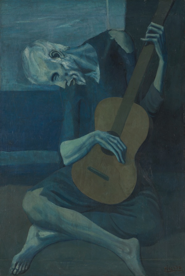 Painting, mostly in shades of blue, of a thin, bent, older man wearing ragged clothes and sitting cross-legged playing a guitar positioned upright in his lap.