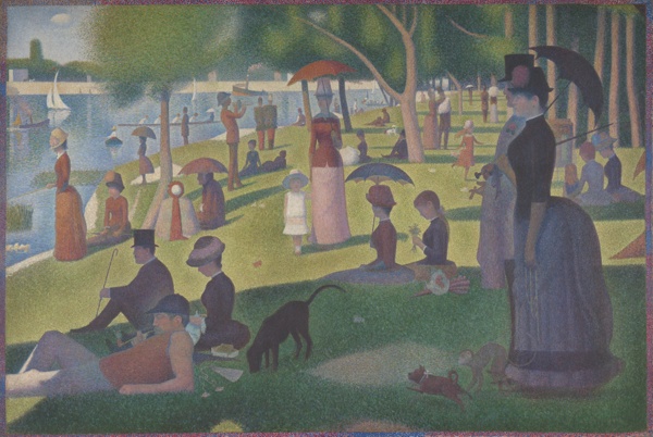 Large painting of people in a crowded park, brushstrokes are dots.