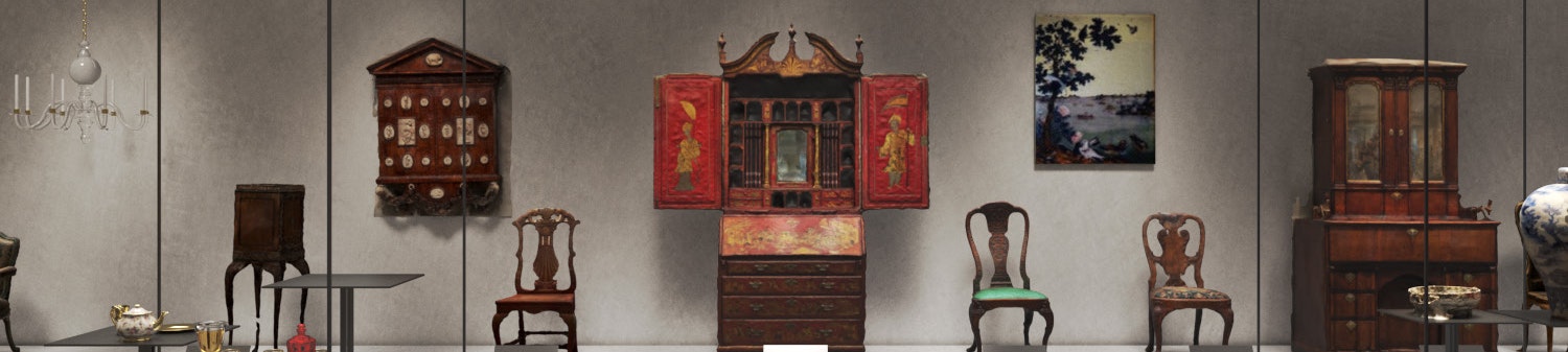 A digital rendering shows a gallery space with gray walls and an ornate wooden chest at center with open red doors. The chest is flanked by numerous dining chairs, their backs set against the wall. Two tall plexiglass cases, at left and right, contain ceramics and glassware.