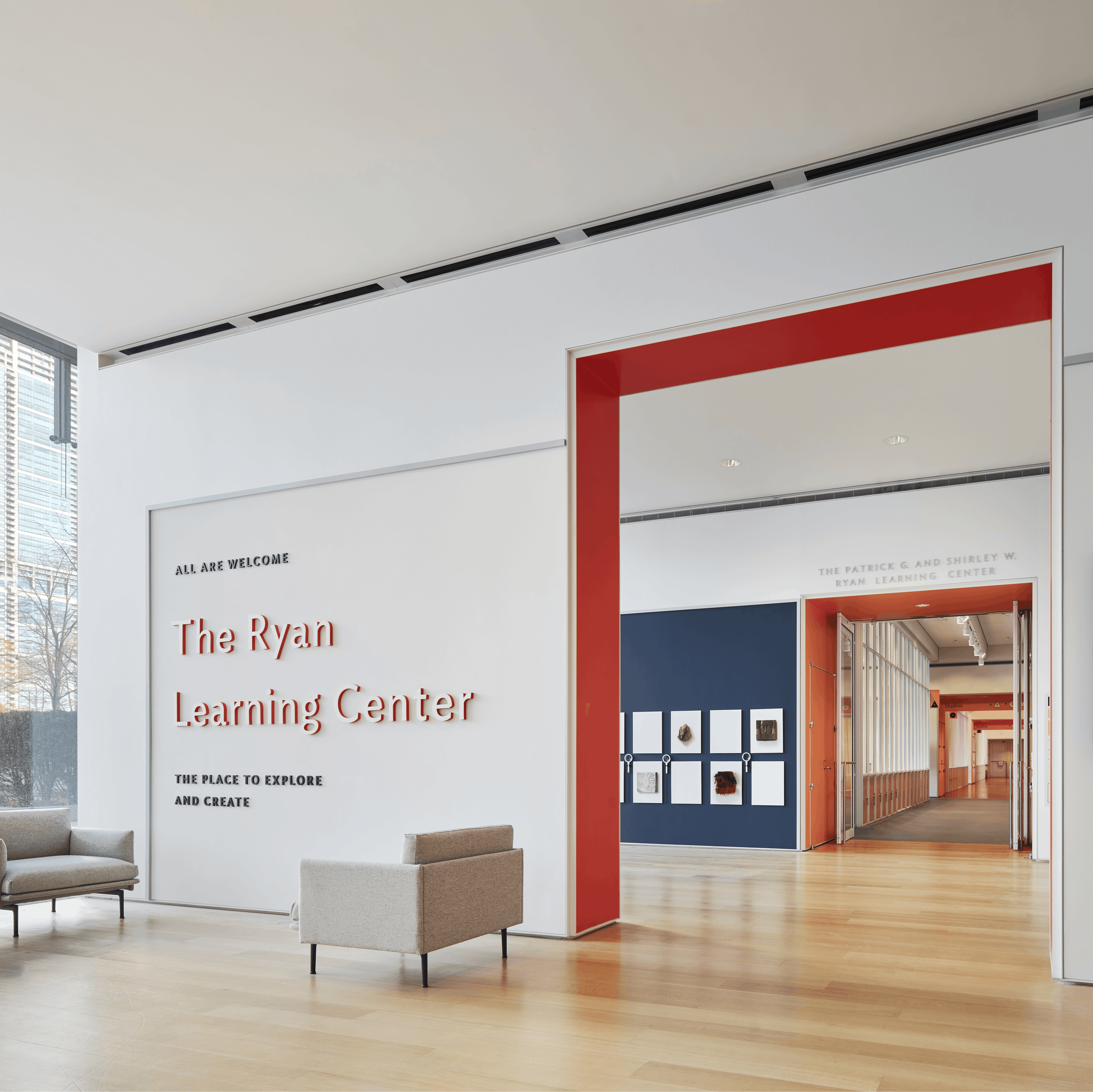 A light filled hall showing the entrance to the Ryan Learning Center